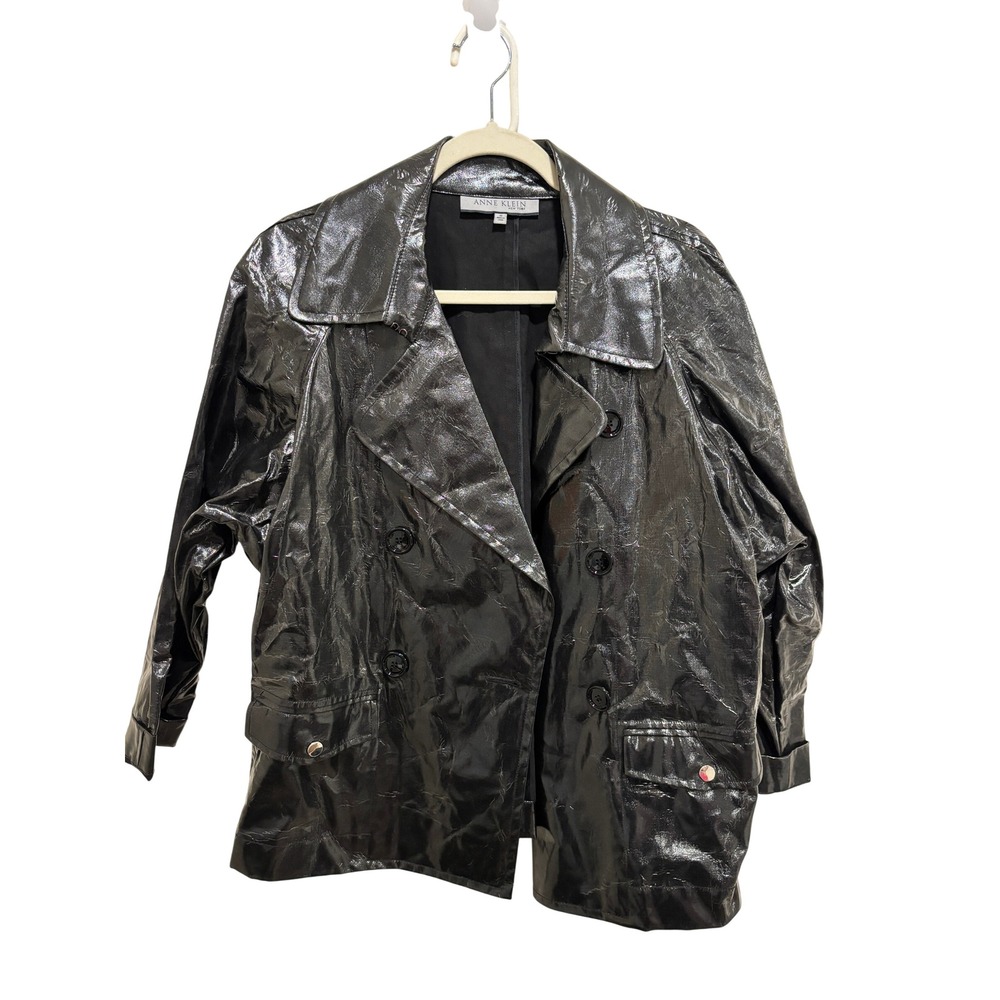 Anne Klein Coated Cotton Peacoat M Black Shiny Patent Wet Look Double Breasted